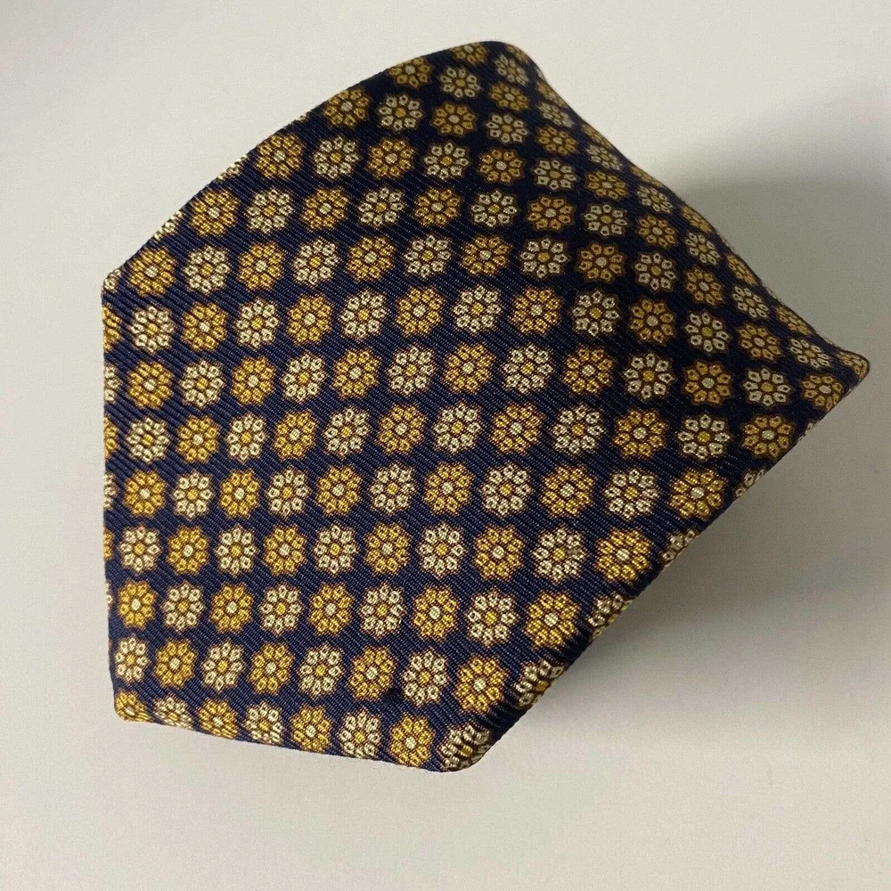 Brooks Brothers Makers Navy Yellow Brown Floral Tie Necktie Silk 59